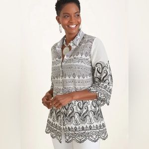 Black and White Chico’s Paisley Eyelet Shirt Size 12P